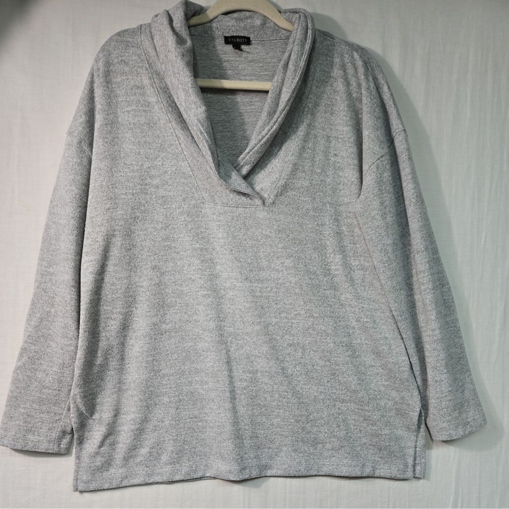 Talbots Shawl Collar V Neck Heather Gray Top Long Sleeve Women's L